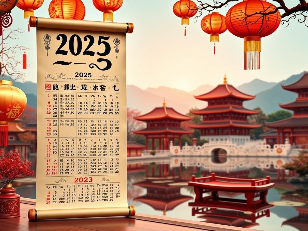 A bold calendar displaying key 2025 dates, holidays, and celebrations. The foreground showcases a large Chinese scroll-style paper calendar, its elegant calligraphy detailing the lunar new year and other festive occasions. The middle ground features ornate traditional Chinese decorations - lanterns, fans, and intricate patterns. In the background, a serene landscape unfolds, with pagodas, mountains, and a tranquil pond reflecting the scene. Warm, soft lighting casts a celebratory glow, capturing the joyous spirit of the lunar new year. A harmonious blend of classic Chinese elements that elegantly conveys the 2025 holiday calendar.