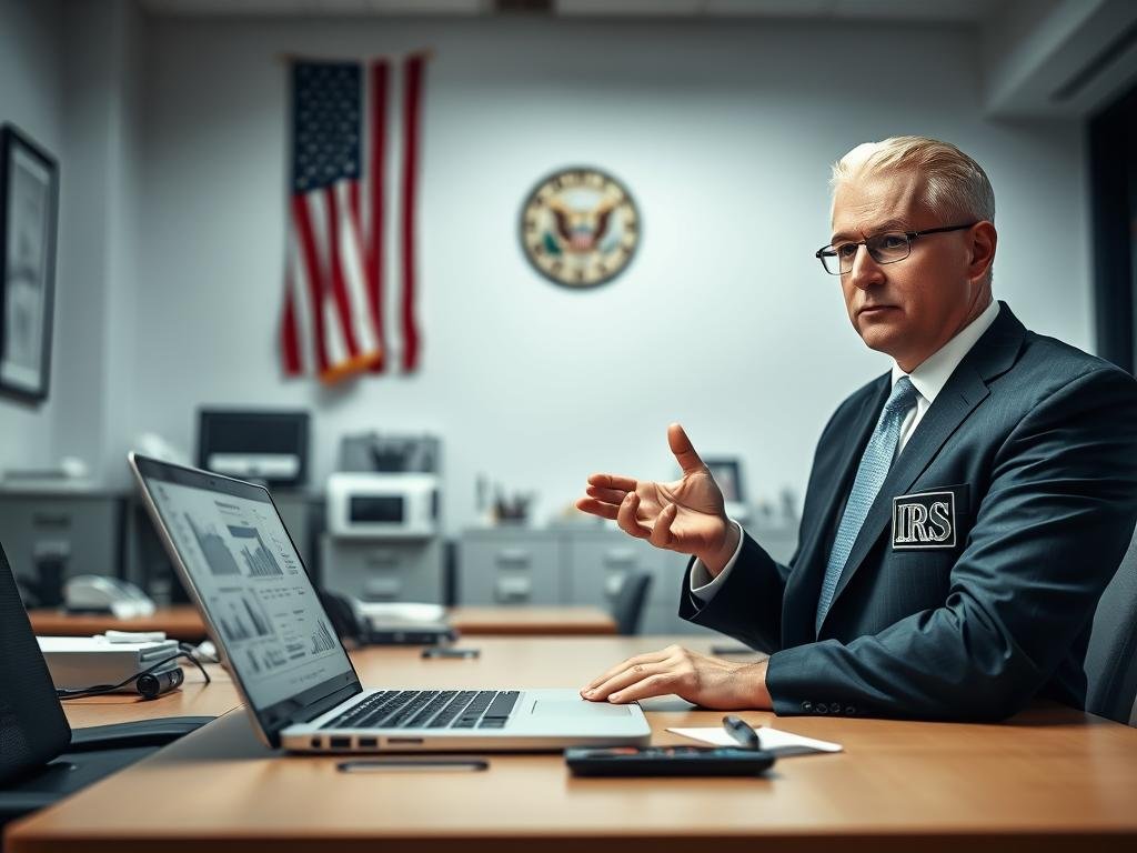 A brightly lit, corporate-style office setting with an American flag prominently displayed on the wall. On the desk, a laptop displays financial documents and charts, representing the latest IRS news and updates. The foreground features a serious-looking IRS agent in a professional suit, gesturing towards the screen. The middle ground showcases various office equipment and filing cabinets, conveying a sense of bureaucratic efficiency. The background is softly blurred, creating a clean, focused atmosphere. The overall mood is one of official authority and transparency, capturing the essence of IRS news and changes since the pandemic-era payments.