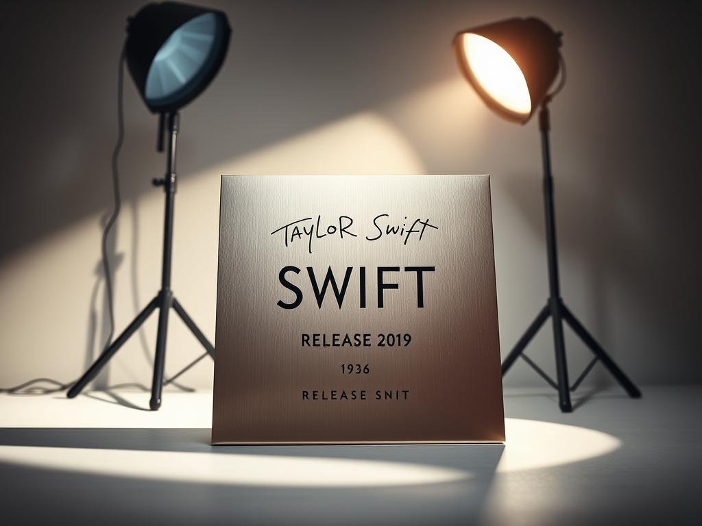 A brightly lit, high-angle studio shot showcasing a sleek, metallic album cover with the Taylor Swift logo and release date prominently displayed. The cover's design features a stylized, minimalist aesthetic with a bold, striking color palette. In the background, a sophisticated lighting setup casts dramatic shadows, creating a sense of depth and drama. The overall composition conveys a sense of anticipation and excitement surrounding the album's much-awaited release.