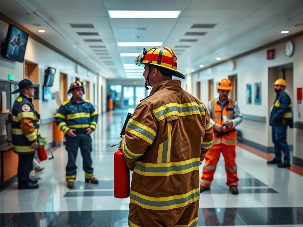 A brightly lit hospital lobby, with a mix of professional safety roles prominently displayed. In the foreground, a firefighter in full gear stands ready, fire extinguisher in hand. Behind them, a security guard monitors surveillance screens, vigilant for any potential threats. In the middle ground, a paramedic team prepares their medical equipment, while a hospital safety officer reviews emergency procedures. In the background, a team of maintenance workers inspects the fire alarm system, ensuring it is in perfect working order. The scene conveys a sense of preparedness and coordination, underscoring the importance of these interconnected safety responsibilities in a healthcare setting.
