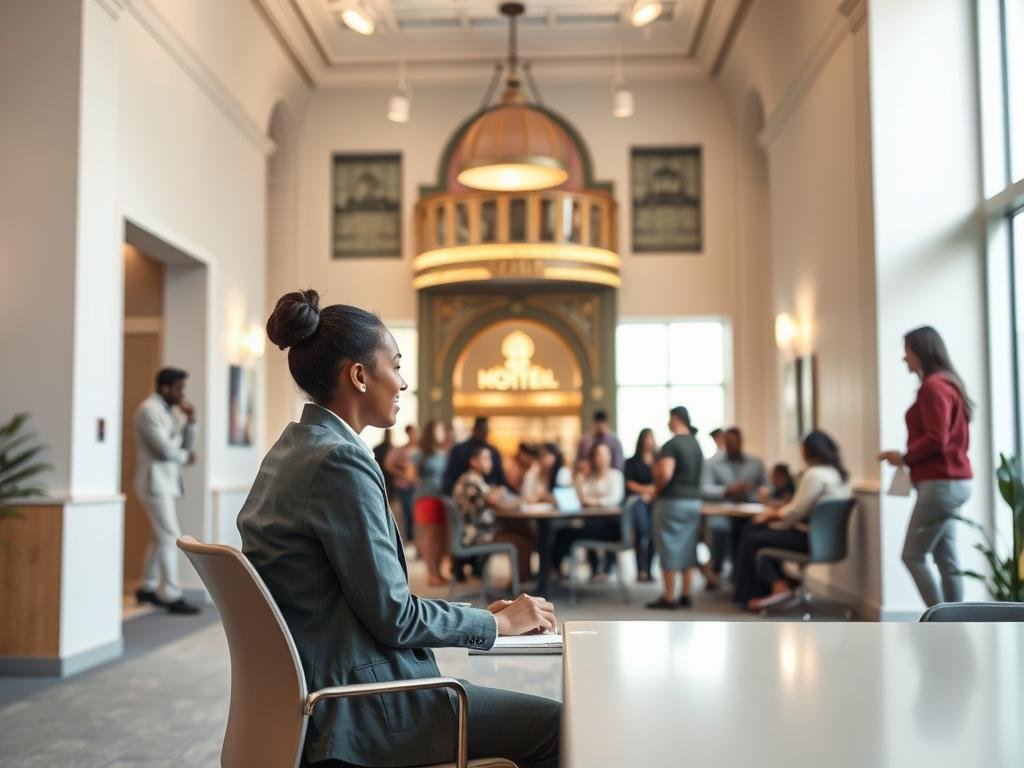 A brightly lit, modern office space with a warm, inviting atmosphere. In the foreground, a case worker sits at a desk, intently listening to a young person sharing their story. The middle ground depicts a diverse group of individuals engaged in various activities, symbolizing the collaborative nature of the case management process. The background showcases the iconic Art Deco architecture of the Roosevelt Hotel, representing the rich history and sense of community within this contemporary welcome center. Soft lighting, neutral tones, and clean lines create a professional yet approachable setting that evokes a sense of progress and empowerment.