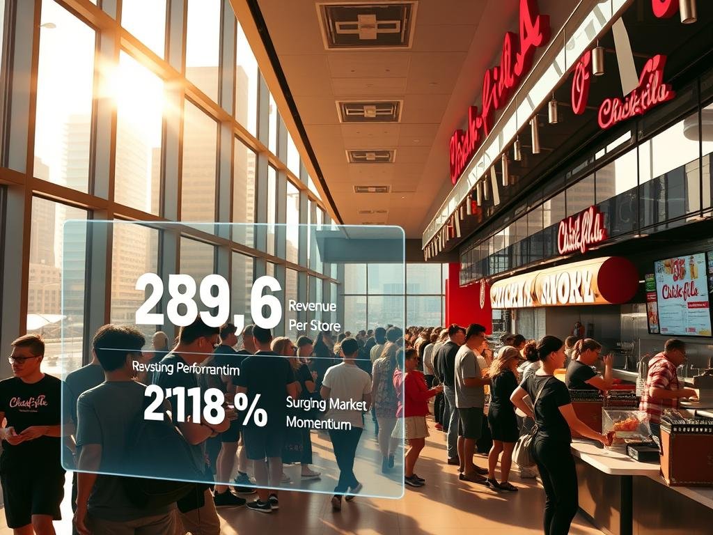 A bustling Chick-fil-A restaurant set against a dynamic cityscape, illuminated by warm sunlight streaming through large windows. The interior is sleek and modern, with gleaming chrome surfaces and vibrant branding elements. Customers line up eagerly, their faces alight with anticipation, as a team of efficient staff members rapidly fulfill orders. In the foreground, a holographic display presents key performance metrics, showcasing the restaurant's impressive revenue per store and surging market momentum. The overall scene conveys a sense of energy, success, and the relentless drive that has propelled Chick-fil-A's remarkable growth.