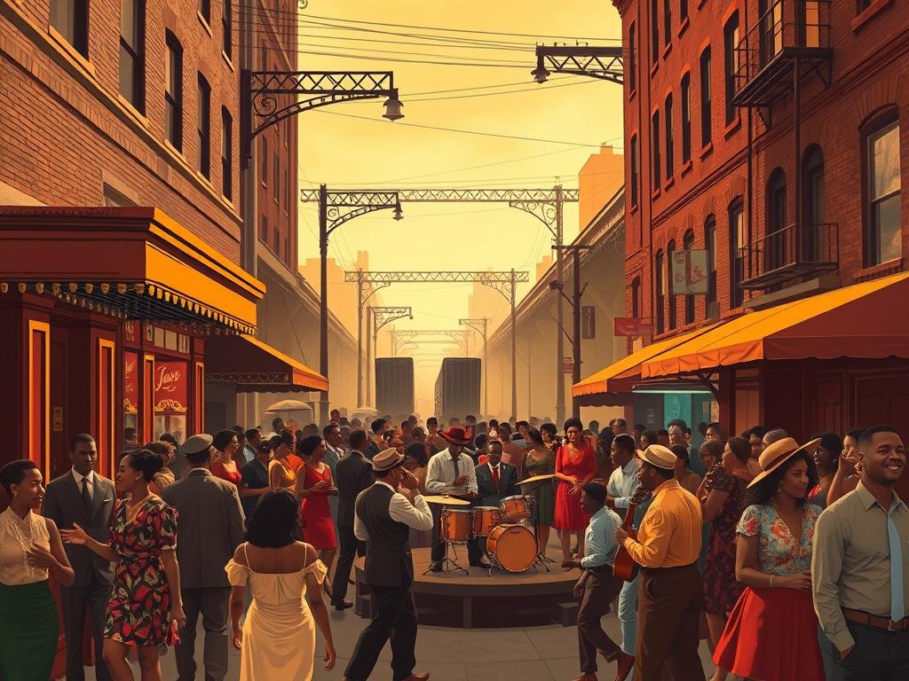 A bustling Harlem street corner in the 1930s, jazz music spilling out from the open doors of a lively nightclub. A diverse crowd of stylishly dressed people gather, dancing and swaying to the infectious rhythms. In the middle ground, a group of musicians on a bandstand perform with energetic intensity, their instruments and expressions capturing the vibrant spirit of the era. The background features the iconic elevated train tracks of New York City, silhouetted against a warm, golden-hued sky, hinting at the city's rapid growth and transition into a cultural mecca. The overall scene exudes a sense of joy, energy, and the cultural renaissance that defined Harlem and jazz during this pivotal moment in 1930s pop culture.