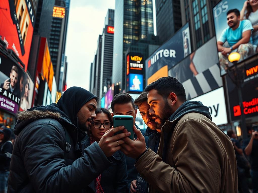 A bustling Manhattan street corner, the backdrop a mosaic of towering skyscrapers and neon-lit billboards. In the foreground, a group of people huddle around a smartphone, their expressions intense as they scrutinize the screen. The lighting is a mix of natural daylight and the warm glow of streetlamps, casting dramatic shadows and highlights across the scene. The camera angles shift dynamically, capturing the energy and urgency of the moment as the group verifies the authenticity of a viral video. The overall mood is one of heightened attention and critical engagement, reflecting the importance of media literacy in the digital age.