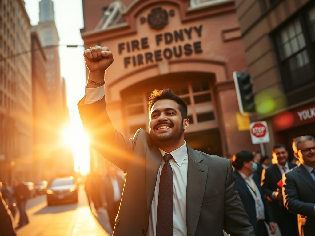 A bustling New York City street, with the iconic FDNY firehouse in the background. In the foreground, Zohran Mamdani, a local politician, stands triumphantly, his fist raised in celebration. The scene is bathed in a warm, golden light, capturing the energy and significance of Mamdani's victory and its potential impact on the FDNY. The image conveys a sense of optimism, change, and the dynamic interplay between politics and the city's public services.