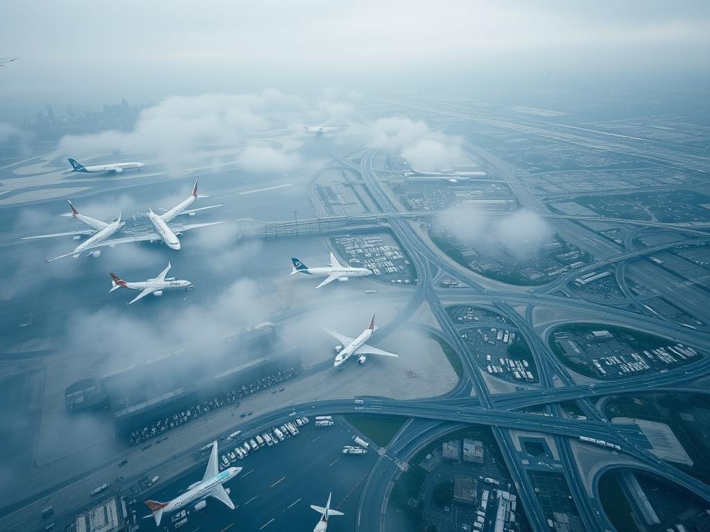 A bustling aerial view of the New York metropolitan area, with rippling effects radiating across the airports and transportation corridors. In the foreground, Newark Liberty International Airport is shrouded in a hazy, chaotic atmosphere, with airplanes queued on the tarmac. The middle ground reveals the interconnected network of regional airports - LaGuardia, JFK, and others - each experiencing disruptions and delays. The background panorama captures the Northeast corridor, with highways, railways, and skylines blurred by the cascading impacts. The scene is illuminated by a cool, overcast lighting, conveying a sense of uncertainty and disruption in the air travel ecosystem.