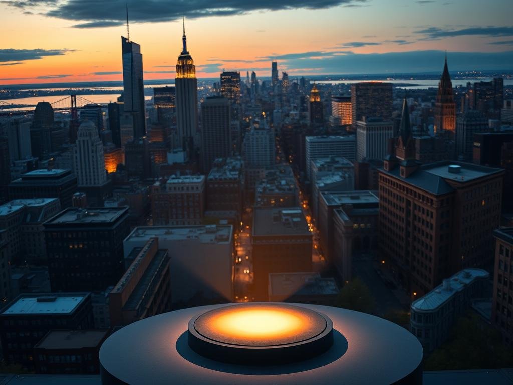 A bustling city skyline at dusk, the Bronx and Queens neighborhoods bathed in warm golden light. In the foreground, a circular podium illuminated by a single spotlight, casting long shadows across the scene. Crisp, high-resolution details of the urban architecture, with towering skyscrapers and brownstone buildings reaching towards the evening sky. A sense of civic importance and political engagement permeates the atmosphere, as if a momentous election event is unfolding. The camera angle is elevated, giving an expansive, panoramic view of the two districts in focus. Subtle camera blur and depth-of-field effects draw the viewer's attention to the central spotlight, the heart of the political drama.