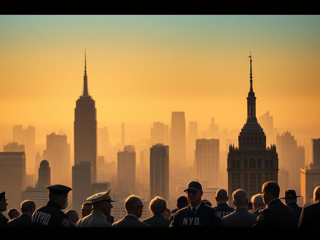 A bustling city skyline of New York City, with the iconic silhouettes of the NYPD headquarters and City Hall in the foreground, illuminated by the warm glow of the setting sun. In the middle ground, a group of city leaders and NYPD officials engage in a heated discussion, their body language conveying the gravity of the situation. The background is hazy, with the towering skyscrapers fading into the distance, symbolizing the complex web of interests and power dynamics at play. The scene is captured with a cinematic, dramatic lighting, creating a sense of tension and high stakes.
