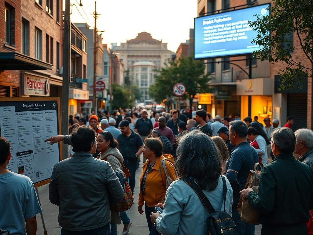 A bustling city street at dusk, with residents gathered in a community center. In the foreground, a group of people discussing emergency preparedness, pointing to a bulletin board displaying information on local resources. The middle ground features volunteers handing out supplies and offering assistance. In the background, a large screen displays real-time updates and safety advisories. Warm lighting casts a serene glow, conveying a sense of unity and civic engagement. The overall atmosphere encourages residents to stay informed and contribute to the collective wellbeing of the neighborhood.