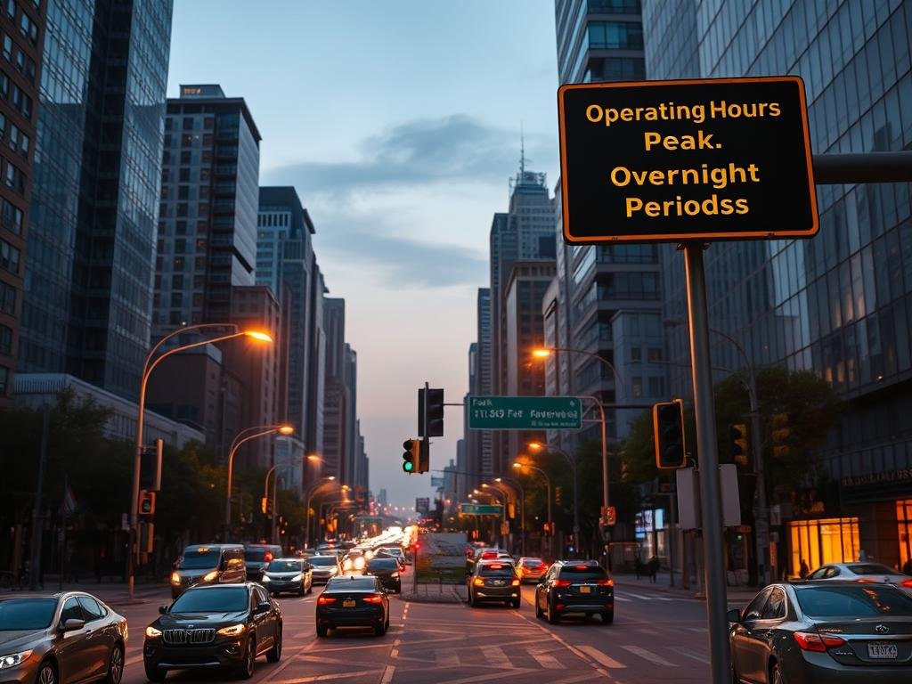 A bustling city street at dusk, with towering skyscrapers in the background and a prominent road sign displaying "Operating Hours" and "Peak vs. Overnight Periods". The foreground features a well-lit intersection, with cars and pedestrians navigating the flow of traffic. Bright streetlights cast a warm, golden glow, illuminating the scene and creating a sense of energy and movement. In the middle ground, a series of traffic lights and road markings clearly delineate the different zones and time periods, providing visual cues for the varying congestion levels. The overall atmosphere conveys a sense of urban planning and efficiency, with the image serving as an informative visual aid for the article's subject matter.