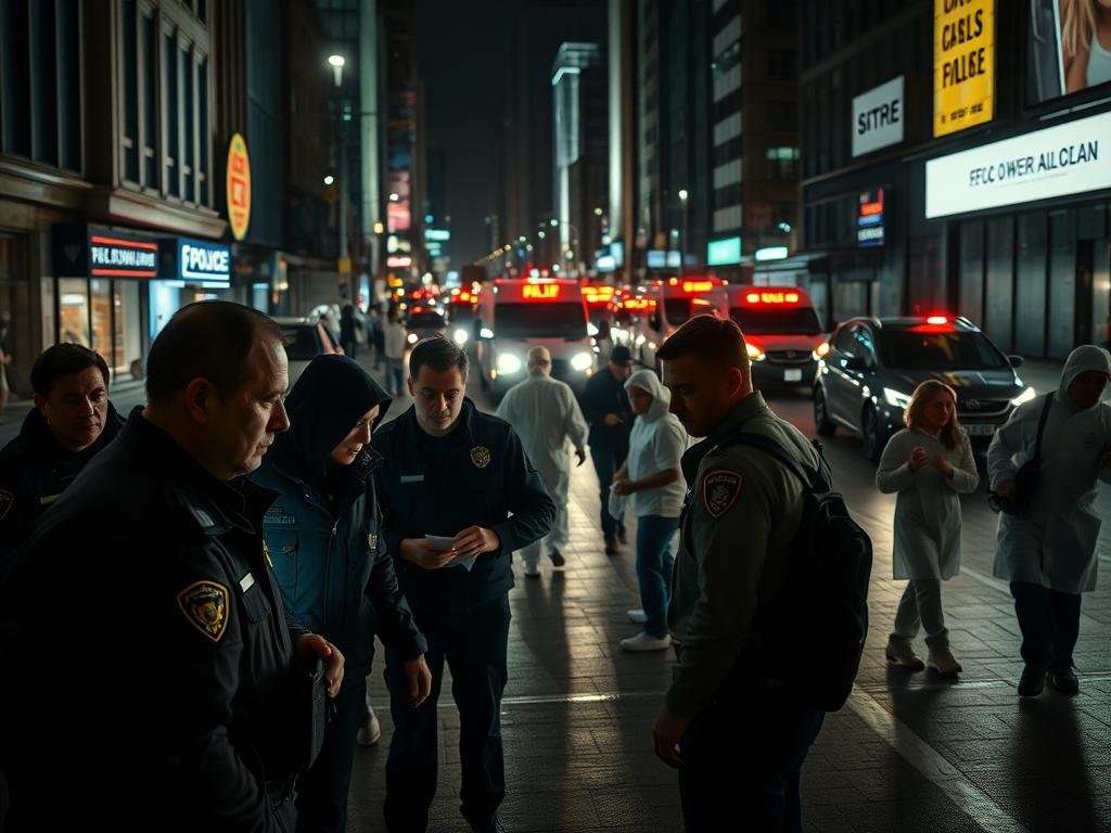 A bustling city street at night, police officers with flashlights scrutinizing the scene, searching for clues. In the foreground, a group of officers interrogating a potential suspect, their expressions tense and focused. In the middle ground, a forensics team combing the area, bagging evidence. In the background, the bright lights of news vans and the distant wail of sirens, creating a sense of urgency and high-stakes investigation. Dramatic chiaroscuro lighting casts dramatic shadows, adding to the air of mystery and suspense. Captured with a wide-angle lens to convey the scale and scope of the operation, the image should evoke a sense of intensity and the relentless pursuit of justice.