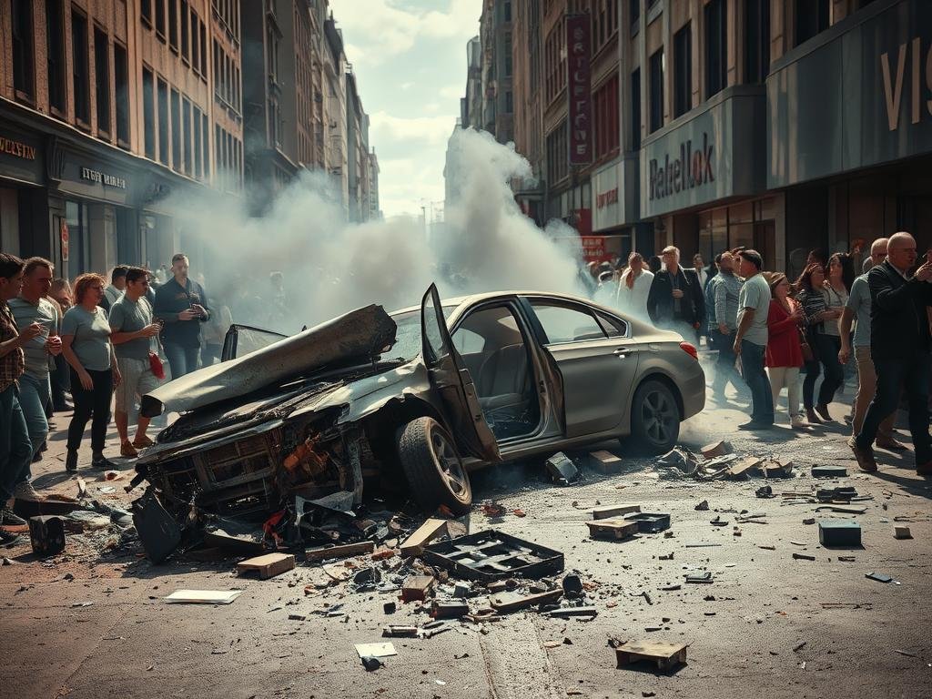 A bustling city street, debris and rubble scattered across the pavement, smoke billowing from a wrecked vehicle. Shattered glass and crumpled metal lie amidst a chaos of frightened bystanders, their expressions conveying the shock and horror of the unexpected accident. Dramatic lighting casts dramatic shadows, emphasizing the gravity of the situation. A sense of urgency permeates the scene, as emergency services rush to provide aid and contain the damage. The image captures the stark reality of the aftermath, a powerful visual testament to the impact of the high-speed crash.