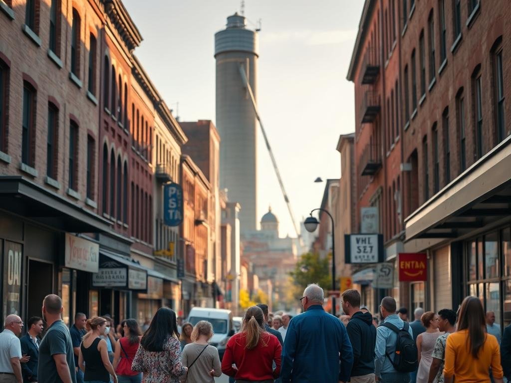 A bustling city street in Buffalo, with a diverse array of people navigating the sidewalks and storefronts. In the foreground, a group of individuals representing different demographics - race, age, and socioeconomic status - stand in a circle, engaged in conversation. The middle ground features a mix of residential and commercial buildings, each with their own architectural details and signage. In the background, a towering grain silo stands as a landmark, casting long shadows across the scene. The lighting is a mix of warm, natural sunlight and cooler, artificial illumination from the streetlamps, creating a sense of depth and atmosphere. The camera angle is slightly elevated, providing a bird's-eye view of the urban landscape and its inhabitants.