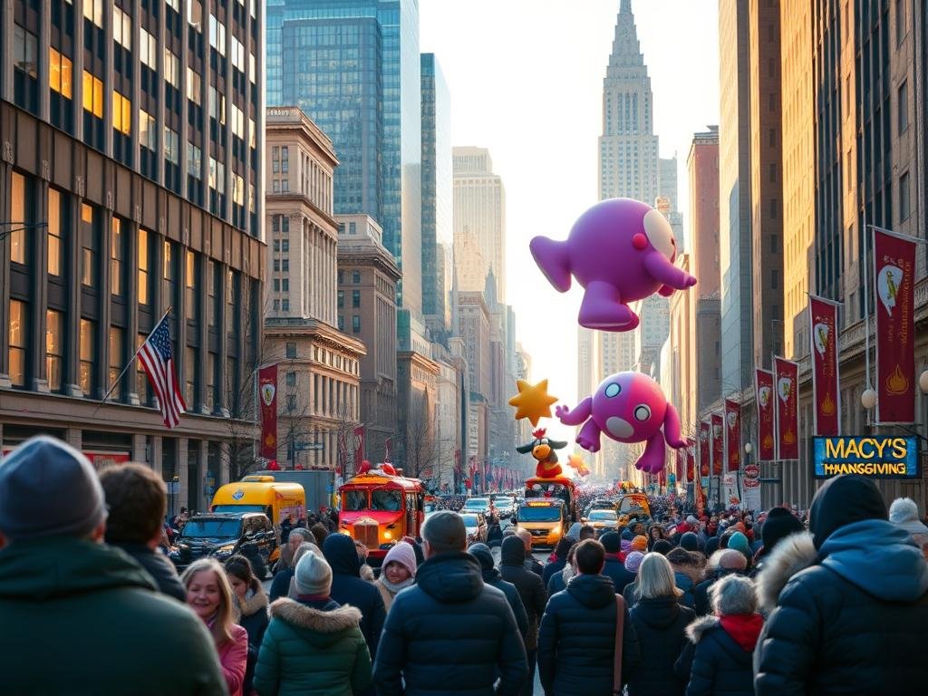 A bustling city street in New York City on Thanksgiving Day, with the iconic Macy's Thanksgiving Day Parade in full swing. The foreground features excited onlookers, bundled up against the crisp autumn air, staking out their spots along the parade route. In the middle ground, a sea of colorful floats and larger-than-life balloons drift by, their whimsical designs and vibrant hues capturing the joyous spirit of the occasion. The background showcases the towering skyscrapers of the Manhattan skyline, their facades bathed in the warm, golden light of the morning sun. The overall scene conveys the energy, anticipation, and grandeur of this beloved annual tradition, inviting the viewer to imagine the best vantage points and what to avoid for an unforgettable live viewing experience.