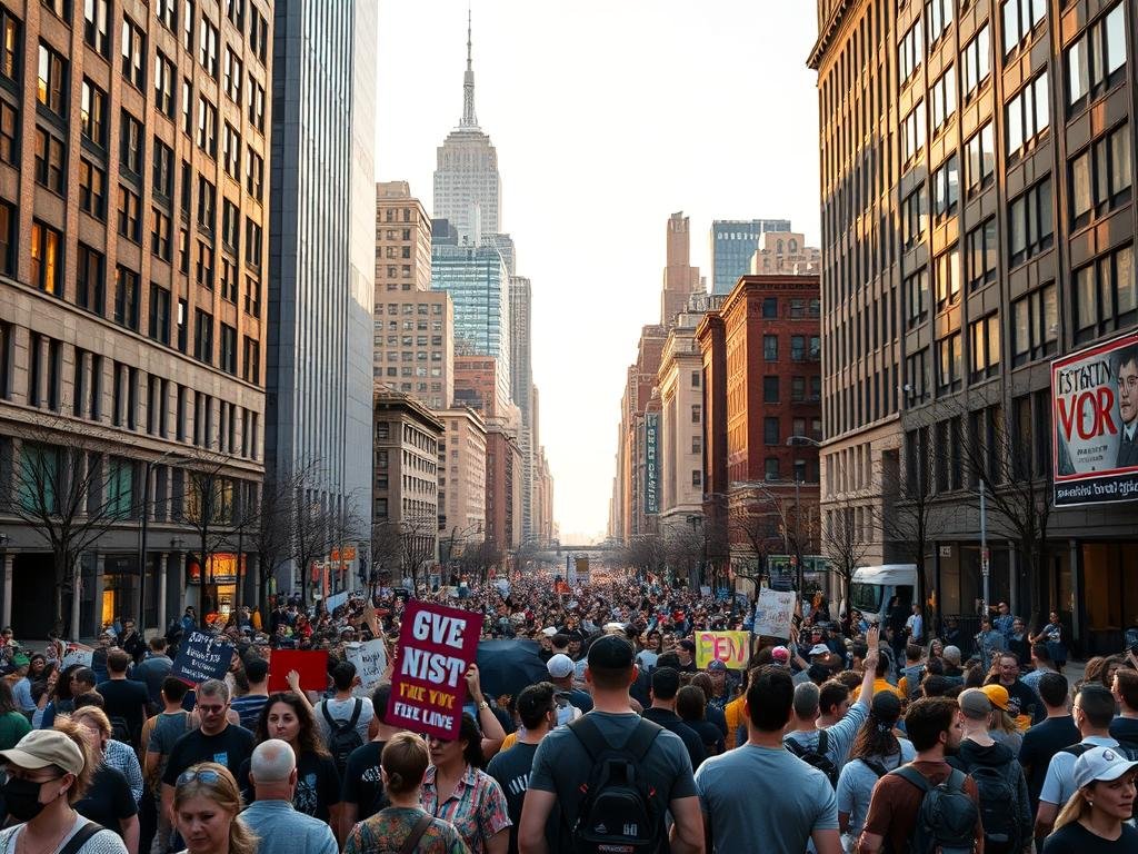 A bustling city street in New York City, with protestors carrying signs and banners marching in the foreground. The middle ground features a crowd of people gathered, listening to speakers on a makeshift stage. In the background, skyscrapers and iconic buildings of the Manhattan skyline are visible, bathed in warm, golden-hour lighting. The scene conveys a sense of energy, determination, and civic engagement as the community comes together for a cause. The image should be captured with a wide-angle lens to showcase the scale and scope of the event.