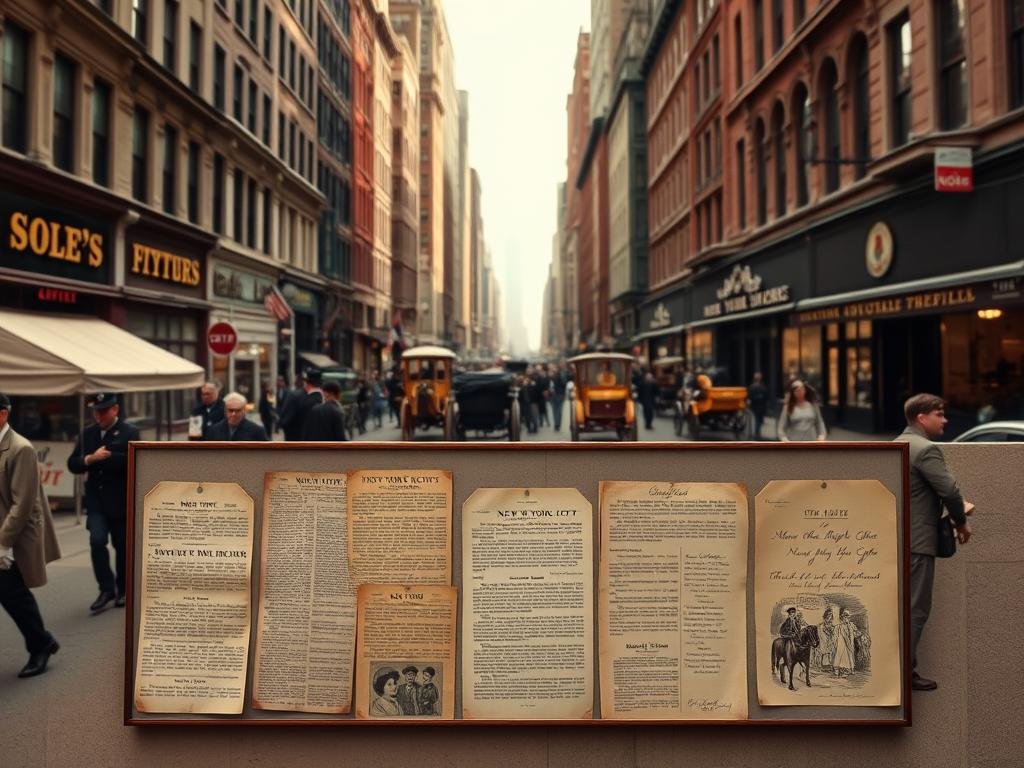 A bustling city street in the early 1900s, with vintage storefronts, horse-drawn carriages, and pedestrians in period attire. In the foreground, a wall displays a collection of newspaper clippings, hand-written notes, and antique illustrations depicting the evolution of New York City's iconic "Big Apple" moniker, from its metaphorical origins to its widespread adoption. Soft, warm lighting casts a nostalgic glow, as the scene conveys a sense of historical discovery and the uncovering of the city's vibrant past.