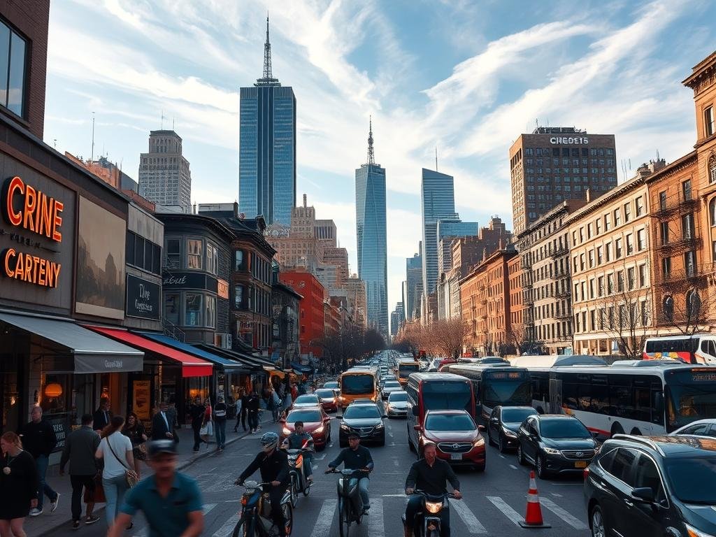 A bustling city street in the heart of a lively neighborhood, filled with the energy of daily life. In the foreground, pedestrians hurry along the sidewalk, dodging bicycles and scooters weaving through traffic. Storefronts and cafes line the street, their neon signs and awnings casting a warm glow. In the middle ground, a diverse array of vehicles - from sleek sedans to crowded buses - navigate the congested roads, their headlights illuminating the scene. Towering skyscrapers and brownstone buildings rise up in the background, casting long shadows that stretch across the pavement. Overhead, a clear sky is dotted with wispy clouds, bathing the entire scene in a soft, natural light. The atmosphere is one of bustling energy, a vibrant snapshot of a thriving urban community.