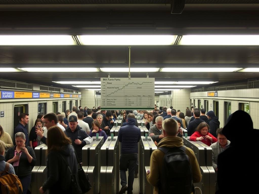 A bustling city subway station, its platforms and turnstiles under a harsh, fluorescent light. In the foreground, a crowd of commuters rushing through the entry gates, some effortlessly tapping their cards, others slipping past without paying. The middle ground reveals the financial toll - a ledger displaying the growing deficit, the MTA's budget hemorrhaging from uncollected fares. In the background, a shadowy figure observes, representing the cascading consequences of this systemic issue on the broader transit infrastructure and services. The scene conveys the gravity of fare evasion, its impact tangible and immediate, the solution eluding the beleaguered transit authority.