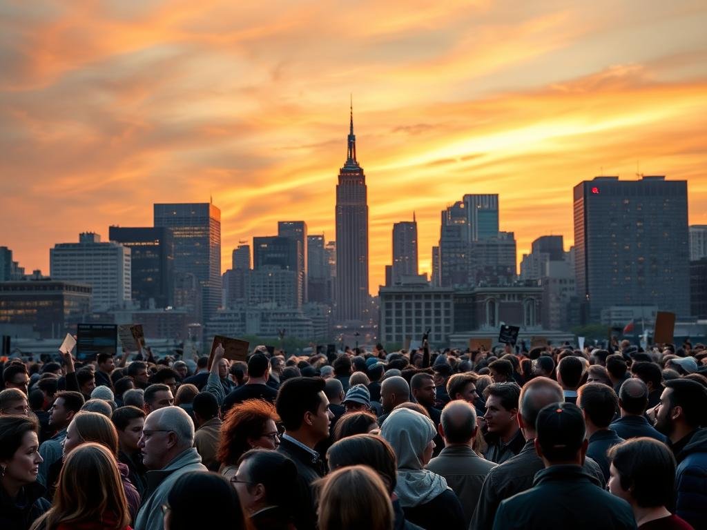 A bustling cityscape at dusk, the skyline silhouetted against a vibrant, golden-hued sky. In the foreground, a diverse crowd of people gathers, engaged in lively discussion and debate. Their faces alight with passion, representing a tapestry of ages, ethnicities, and socioeconomic backgrounds. Subtle shifts in body language and gestures suggest the formation of new coalitions, alliances forged across traditional boundaries. The scene is suffused with a sense of anticipation and change, as if the very air is charged with the energy of a pivotal moment. Crisp, high-contrast lighting highlights the dynamism of the moment, casting dramatic shadows and emphasizing the dramatic interplay of the crowd. The overall composition conveys the notion of a city in flux, where demographic tides are turning and the political landscape is being reshaped.