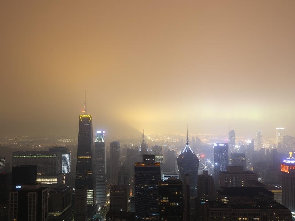 A bustling cityscape at night, with towering skyscrapers and bright lights illuminating the urban landscape. The sky is obscured by a thick layer of haze and pollution, casting a dull, yellowish glow over the scene. In the distance, the horizon is barely visible, hinting at the presence of distant natural wonders like the Aurora Borealis, but they remain hidden from view due to the overwhelming brightness and obstruction of the city. The scene conveys the difficulty of observing natural phenomena like the Northern Lights in densely populated areas, where light pollution and atmospheric conditions pose significant challenges for stargazers and sky watchers.