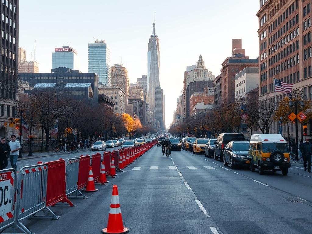 A bustling cityscape of New York City on a clear autumn day, with the focus on a major thoroughfare experiencing road closures for a special event. The foreground showcases barricades, traffic cones, and a line of police vehicles blocking off the street, creating a sense of order and security. The middle ground features a mix of pedestrians, cyclists, and a few stalled vehicles, conveying the impact of the closures on local traffic. In the background, the iconic skyscrapers of Manhattan rise up, bathed in warm, diffused lighting that casts long shadows across the scene. The overall atmosphere is one of anticipation and preparation, hinting at the upcoming event that has necessitated these temporary road closures in the heart of the city.