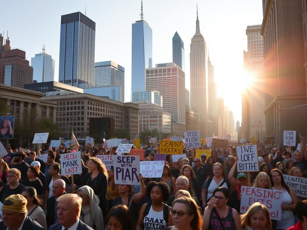 A bustling cityscape of New York City, with iconic skyscrapers and landmarks in the background. In the foreground, a crowd of protesters marching through the streets, carrying signs and banners with slogans denouncing injustice and demanding change. The protesters are diverse, representing a cross-section of the city's population. The scene is illuminated by natural daylight, with the sun casting long shadows and highlighting the energy and determination of the crowd. The atmosphere is charged with a sense of civic engagement and collective action, as the protesters navigate the urban landscape in pursuit of their goals.