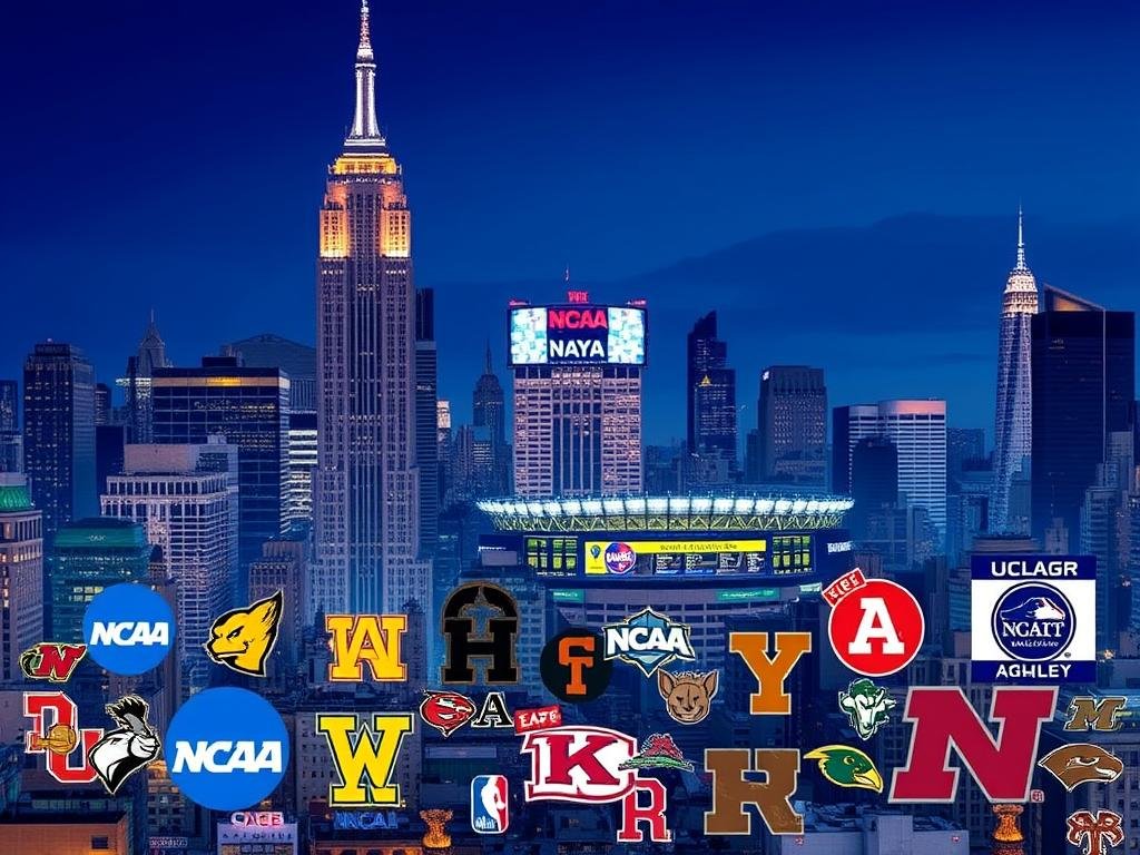 A bustling cityscape of New York, with the iconic skyscrapers of Manhattan serving as a backdrop. In the foreground, a vibrant collage of college sports programs and their associated NCAA logos, capturing the diverse athletic landscape of the city. Looming over the scene, a towering sports arena, its grand architecture and illuminated signage reflecting the city's passion for collegiate athletics. The image exudes a sense of energy and dynamism, showcasing the deep-rooted connections between New York's urban fabric and the thriving NCAA footprint that encompasses its colleges and universities.