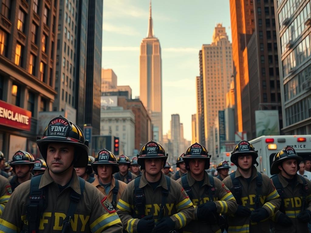 A bustling cityscape with the iconic New York skyline in the background, illuminated by warm, golden lighting. In the foreground, a team of FDNY firefighters and EMTs responding to an emergency, their faces determined as they work swiftly and efficiently to provide aid. The scene conveys a sense of urgency and the critical role the FDNY plays in keeping the city safe, hinting at the potential operational impact of a leadership change. The image is captured from a low angle, emphasizing the towering buildings and the heroic actions of the first responders.