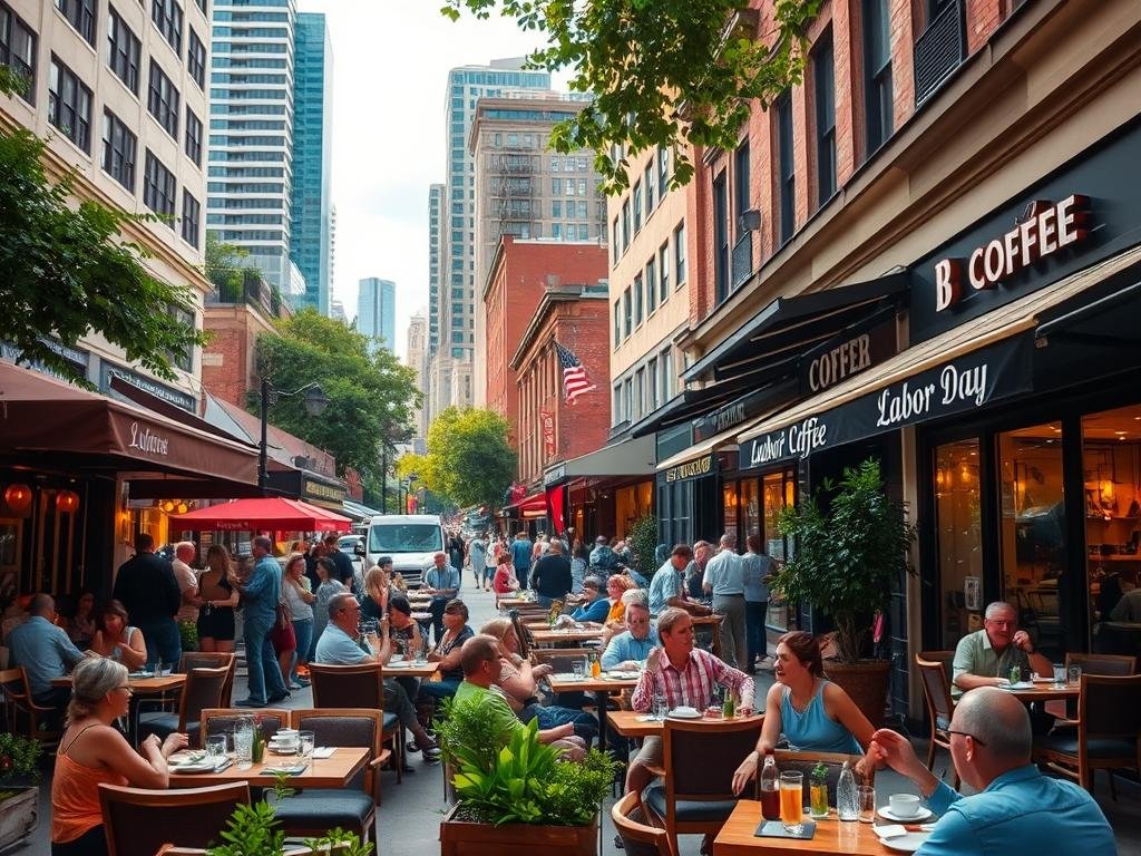 A bustling downtown cityscape on Labor Day, with an array of inviting restaurants and cafes open for business. In the foreground, a cozy outdoor dining area is filled with patrons enjoying their meals and sipping on freshly brewed coffee. The middle ground features a vibrant street lined with elegant bistros and trendy coffee shops, their storefront windows beckoning passersby. In the background, a mix of high-rise buildings and lush greenery create a dynamic urban landscape, illuminated by the warm glow of late afternoon sunlight. The scene conveys a lively, welcoming atmosphere, inviting viewers to imagine the delicious flavors and convivial ambiance of the establishments on this holiday.