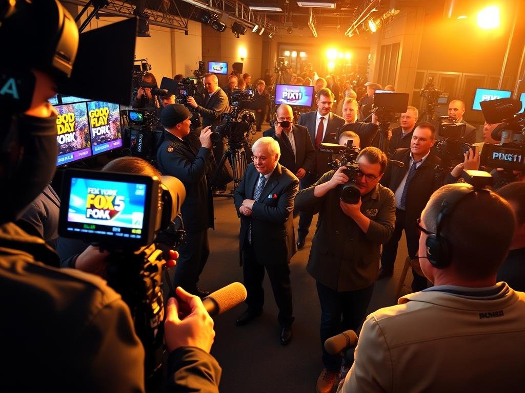 A bustling newsroom scene, with multiple television news crews capturing the latest breaking story. In the foreground, a crew from Good Day New York Fox 5 conducts an on-camera interview, their microphone and camera equipment prominently featured. In the middle ground, a PIX11 news team sets up their shot, their station's logo visible on their gear. In the background, other local news outlets hustle to cover the event, their cameras and lighting rigs creating a dynamic, energetic atmosphere. Warm, natural lighting illuminates the scene, casting a sense of immediacy and urgency. The overall composition conveys the relentless, fast-paced nature of media coverage, capturing the essence of a news day in New York City.