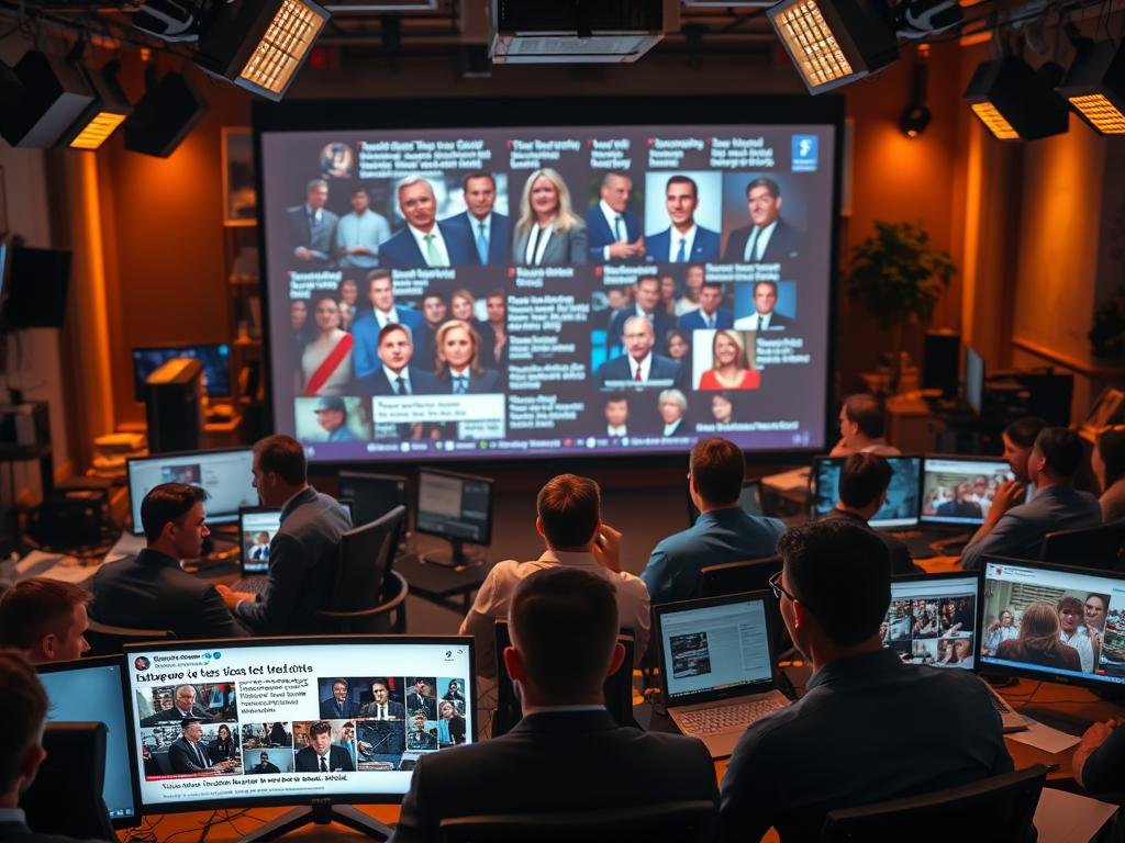 A bustling newsroom, with reporters and editors gathered around screens, their expressions a mix of focus and concern. In the foreground, a series of news headlines and social media posts, their contents shaping the narrative. The middle ground features a large projection screen, displaying a montage of reactions and statements from various public figures, their words amplifying and distorting the news cycle. The background is a blur of activity, with phones ringing, keyboards clacking, and the hum of urgency. Warm, tungsten-tinted lighting casts dramatic shadows, heightening the sense of intensity and significance. An image that captures the symbiotic relationship between statements, reactions, and the ever-evolving news landscape.
