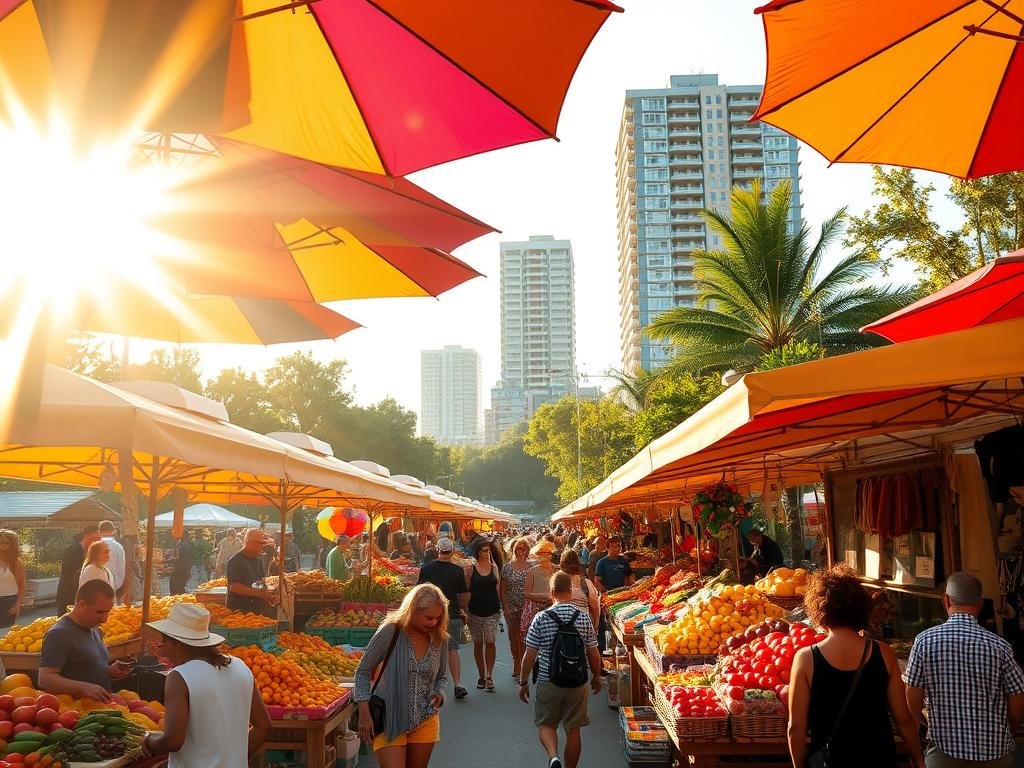 A bustling open-air summer market, overflowing with vibrant produce, handcrafted goods, and lively crowds. The warm, golden sunlight filters through the canopy of colorful umbrellas, casting a warm glow on the scene. In the foreground, rows of stalls display an array of fresh fruits, vegetables, and artisanal wares, while in the middle ground, shoppers meander through the aisles, examining the offerings. In the background, a modern high-rise building stands, a reminder of the market's urban setting. The overall atmosphere is one of community, celebration, and the bounty of the summer season, set against the backdrop of a post-Juneteenth calendar. A bustling open-air summer market, overflowing with vibrant produce, handcrafted goods, and lively crowds. The warm, golden sunlight filters through the canopy of colorful umbrellas, casting a warm glow on the scene. In the foreground, rows of stalls display an array of fresh fruits, vegetables, and artisanal wares, while in the middle ground, shoppers meander through the aisles, examining the offerings. In the background, a modern high-rise building stands, a reminder of the market's urban setting. The overall atmosphere is one of community, celebration, and the bounty of the summer season, set against the backdrop of a post-Juneteenth calendar.