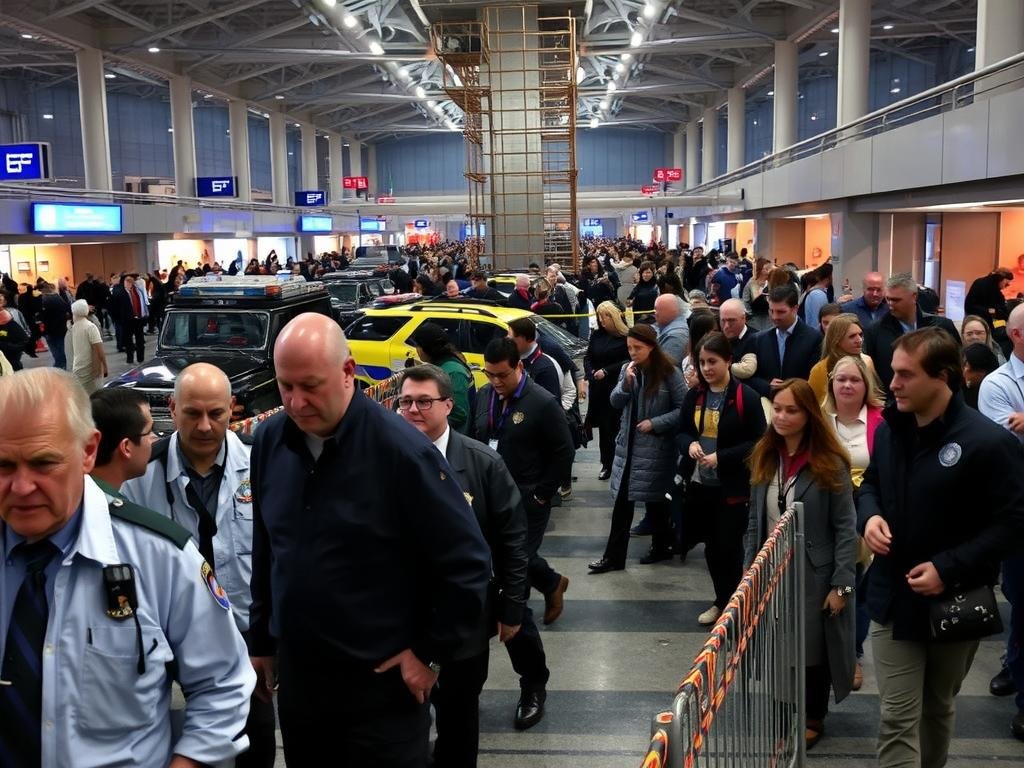 A bustling scene at JFK Airport, where an ongoing investigation is underway. In the foreground, a group of officials and emergency personnel examine the site, their faces etched with concern. Forensic equipment and police barriers create a sense of urgency, while the middle ground reveals the towering structure where the incident occurred, its beams and scaffolding casting long shadows under the glow of floodlights. The background is filled with the hustle and bustle of the airport, with passengers and staff navigating the scene, their expressions a mix of curiosity and unease. The overall atmosphere is one of intensity and uncertainty, as the investigation seeks to uncover the details of this troubling event.