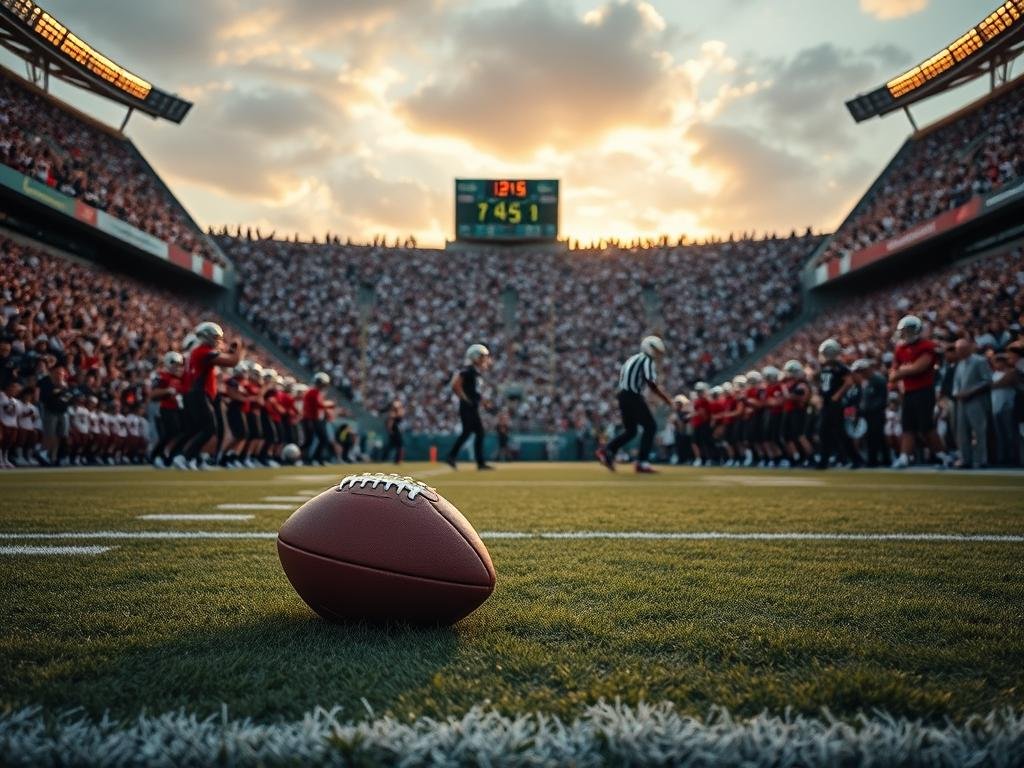 A bustling stadium filled with anticipation, the field illuminated by the warm glow of the setting sun. In the foreground, a football rests on the grass, its precise placement uncertain as the game clock ticks down. In the middle ground, players stretch and warm up, their movements a blur of activity. The background reveals the grandstands, packed with cheering fans, their excitement palpable. The scene conveys the unpredictable nature of the game, where kickoff times are approximate, and the action can unfold in unexpected ways, keeping the audience on the edge of their seats.