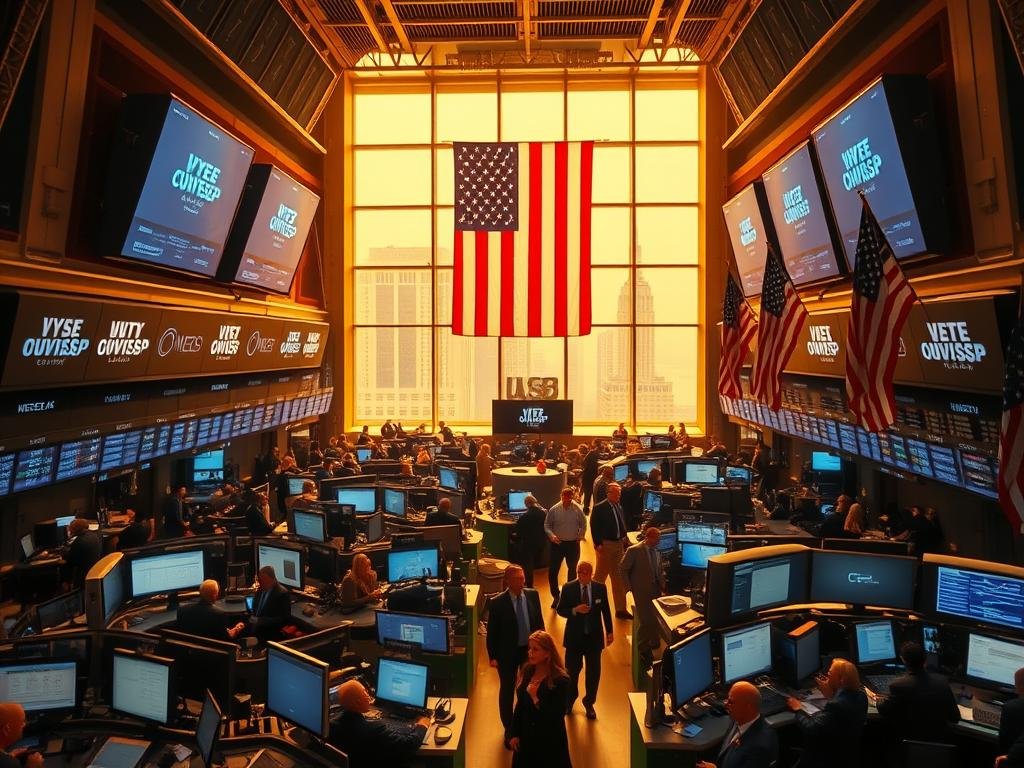 A bustling stock exchange floor on Veterans Day, the American flag proudly displayed amidst the banks of computer monitors and the hurried movements of traders. The lighting is warm and natural, casting a golden glow over the scene. A wide-angle lens captures the energy and activity, with a sense of depth provided by the receding rows of desks and the large windows overlooking the city skyline in the background. The overall mood is one of dynamic focus, as the financial institutions remain open to serve their customers on this national holiday.