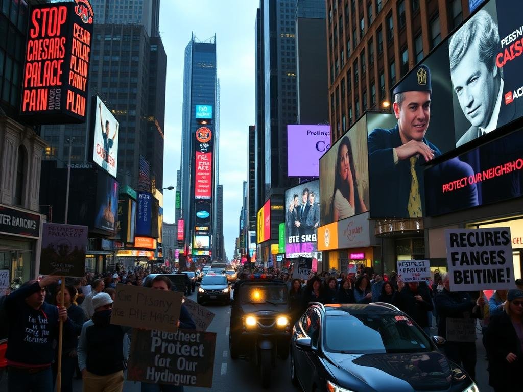 A bustling street in Times Square, with protesters marching down the sidewalks, carrying signs that read "Stop the Caesars Palace Plan" and "Protect Our Neighborhood." The buildings loom in the background, casting long shadows across the scene. Neon lights flicker and cast an eerie glow, while the sound of chants and the honking of car horns fills the air. The mood is tense, with a sense of urgency and a clash between the commercial interests and the concerns of the local community. The image captures the drama and tension of the ongoing battle over the proposed development, with the iconic landmarks of Times Square serving as a backdrop to the unfolding drama.