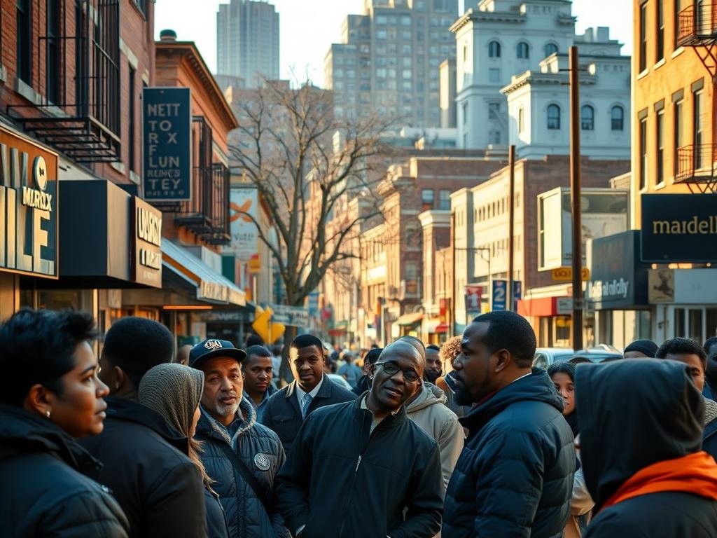 A bustling street scene in the Bronx, with residents gathered in a concerned, thoughtful manner. In the foreground, a group of community members discuss the incident, their expressions reflecting a mix of worry and determination. The middle ground showcases the diverse neighborhood, with local businesses and pedestrians going about their day, casting a cautious eye on the proceedings. In the background, the iconic Bronx architecture sets the stage, the warm afternoon sunlight filtering through the cityscape, creating a sense of both familiarity and unease. The overall atmosphere conveys a community grappling with the aftermath, seeking answers and prioritizing safety in the face of a troubling event.