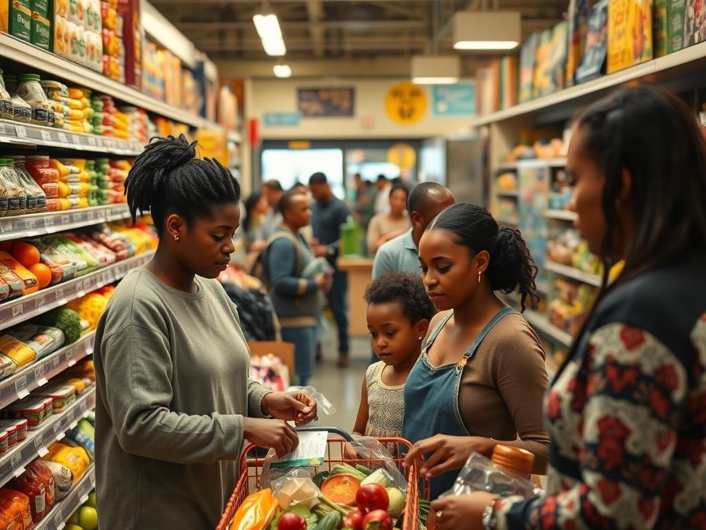 A bustling supermarket, its shelves stocked with an abundance of fresh produce and packaged goods. In the foreground, a family carefully selects their weekly groceries, their expressions reflecting a mix of contemplation and determination as they navigate the financial implications of the SNAP benefit changes. In the middle ground, a cashier efficiently assists a line of customers, their faces a tapestry of diverse experiences. The background reveals a vibrant community, with local businesses and gathering spaces, all connected by a sense of resilience and adaptability in the face of evolving economic realities. Warm, diffused lighting illuminates the scene, creating an atmosphere of warmth and camaraderie, as the community comes together to navigate the impacts of the SNAP program updates.