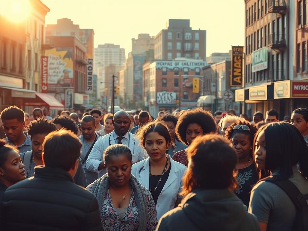 A bustling urban landscape in Newark, New Jersey. In the foreground, a group of community members gather, their expressions a mix of resilience and sorrow, as they work to heal the trauma left by recent acts of violence. In the middle ground, professionals in social services and mental health provide aid and guidance, their faces radiating empathy. In the background, city streets are dotted with murals and public art installations, conveying messages of hope, unity, and the power of collective recovery. Warm sunlight filters through the scene, casting a soft, contemplative glow, while the architecture reflects the diverse cultural heritage of the area. An image of Newark's unwavering spirit, where a community navigates the path towards healing and violence prevention.