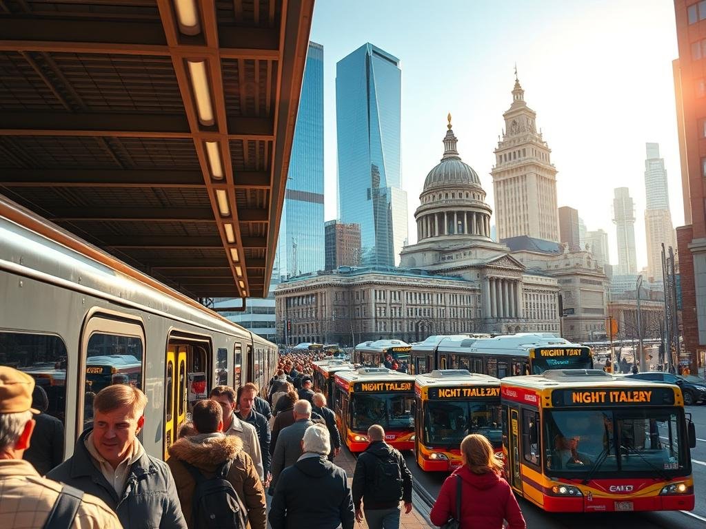 A bustling urban scene, capturing the essence of Presidents Day transportation and essential services. In the foreground, commuters hurry through a modern train station, their faces illuminated by the warm glow of overhead lighting. In the middle ground, a fleet of city buses navigates the streets, their bright colors and sleek designs conveying a sense of efficiency. In the background, towering skyscrapers and government buildings stand tall, their facades reflecting the sunlight and hinting at the vibrant activity within. The overall atmosphere is one of productivity and forward momentum, capturing the spirit of a thriving city on a national holiday.