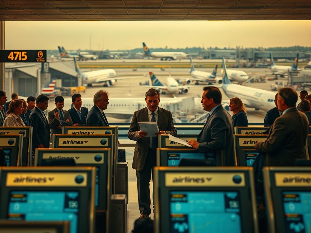 A busy airport terminal with airlines' branded gates and counters in the foreground. In the middle ground, economists and policymakers in business attire discuss charts and graphs, their expressions reflecting the gravity of the situation. The background showcases a panoramic view of the tarmac, with grounded aircraft and chaotic ground crew operations. Warm, muted lighting casts a contemplative mood, hinting at the ripple effects of the policy decisions being made. Realistic details, cinematic angle, and a sense of tension permeate the scene.