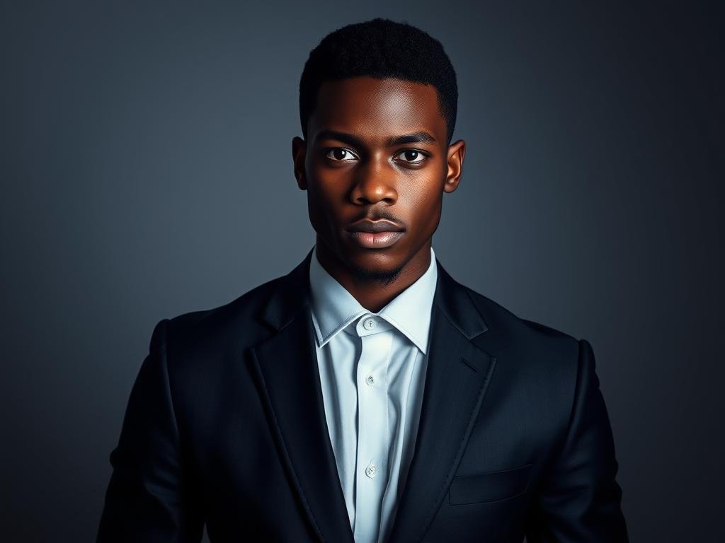 A candid, high-resolution studio portrait of a young, confident-looking Black man dressed in a sharp, well-fitted suit against a clean, minimalist background. The subject's gaze is direct and engaging, conveying a sense of professionalism and ambition. Dramatic, low-key lighting casts dramatic shadows, creating a sense of depth and dimension. The composition is balanced and centered, placing the subject in the foreground as the focal point. The overall mood is one of sophistication, poise, and the promise of a promising career narrative.
