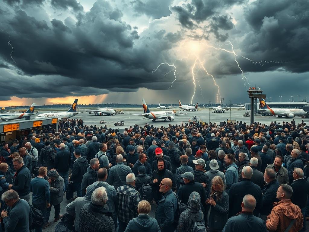 A chaotic airport scene during a severe thunderstorm. In the foreground, long lines of frustrated passengers wait at understaffed check-in counters and security checkpoints. Overhead, dark clouds loom, with flashes of lightning illuminating the frantic activity. In the middle ground, ground crews struggle to de-ice aircraft amid gusty winds, while airline staff frantically coordinate flight rescheduling. In the background, grounded planes sit idle on the tarmac, as air traffic control towers operate with a skeleton crew. The mood is one of overwhelming stress and uncertainty, as the combined effects of extreme weather and staffing shortages wreak havoc on air travel operations.