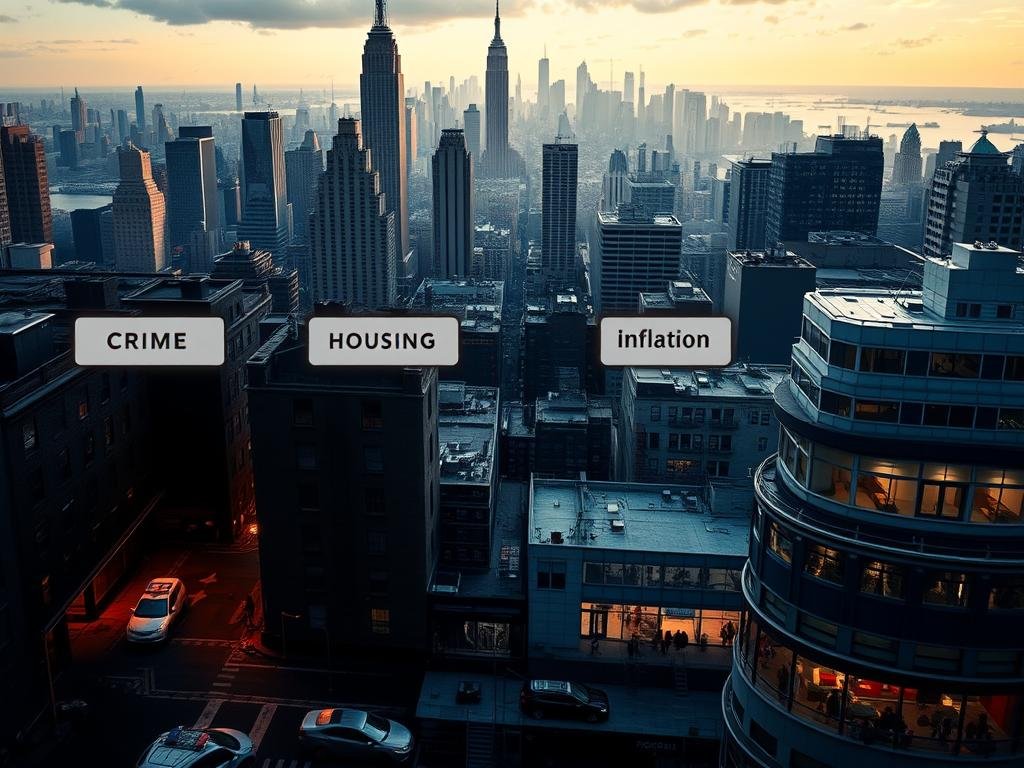 A cityscape of New York City, with skyscrapers and landmarks in the background. In the foreground, four distinct areas are depicted, each representing one of the key issues: a dark alley with police cars for crime, apartment buildings and construction sites for housing, a bustling commercial district with people shopping for inflation, and a modern hospital complex for healthcare. The lighting is dramatic, with a mix of natural and artificial sources, creating a sense of urgency and importance. The overall tone is one of seriousness and concern, reflecting the gravity of the issues facing the city. The composition is balanced and visually striking, drawing the viewer's attention to the critical priorities facing the city's leadership.