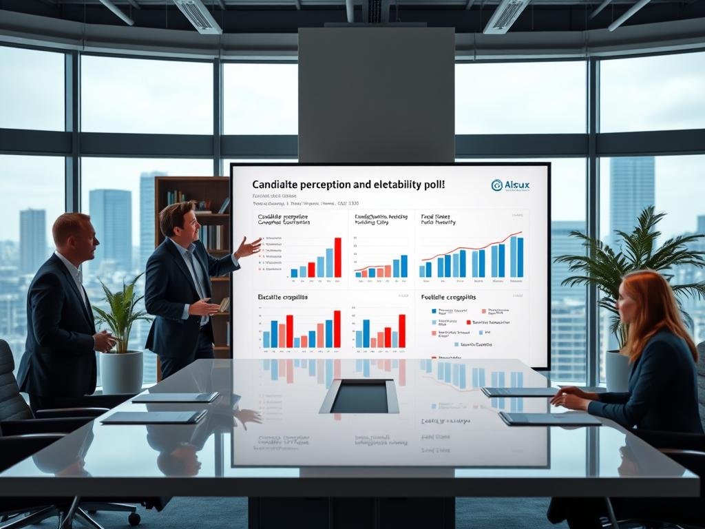A clean, well-lit corporate office setting with large windows overlooking a cityscape. In the foreground, a modern conference table with a data visualization dashboard displayed on a large screen, showing candidate perception and electability poll results in an intuitive infographic layout. The middle ground features several professionals in business attire, engaged in a discussion, gesturing towards the screen. The background has a bookshelf, potted plants, and subtle lighting to create a sophisticated, authoritative atmosphere. The overall mood is one of serious analysis and decision-making.