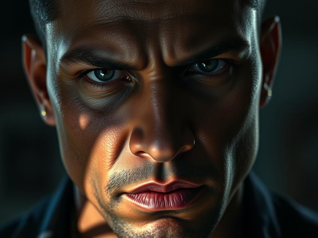 A close-up portrait of Cane Tejada, the central character in the Power universe, rendered in a realistic and cinematic style. His piercing gaze commands attention, conveying the complexity and intensity of his identity. The lighting is dramatic, casting shadows that accentuate his chiseled features and the weight of his role. The background is slightly blurred, keeping the focus solely on Cane's penetrating expression, which hints at the depths of his character's true nature and motivations within the Power narrative.