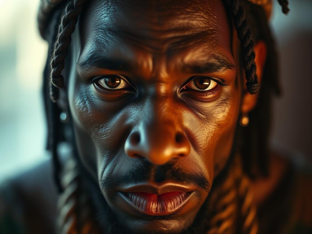 A close-up portrait of Jamaican dancehall artist Vybz Kartel, illuminated by soft, natural lighting that accentuates the distinctive features of his face. His gaze is intense, conveying a sense of resilience as he battles Graves' disease, a thyroid condition that has visibly affected his appearance. The image is rendered with a cinematic, documentary-style aesthetic, capturing the rawness and humanity of the artist's struggle with this chronic health issue.