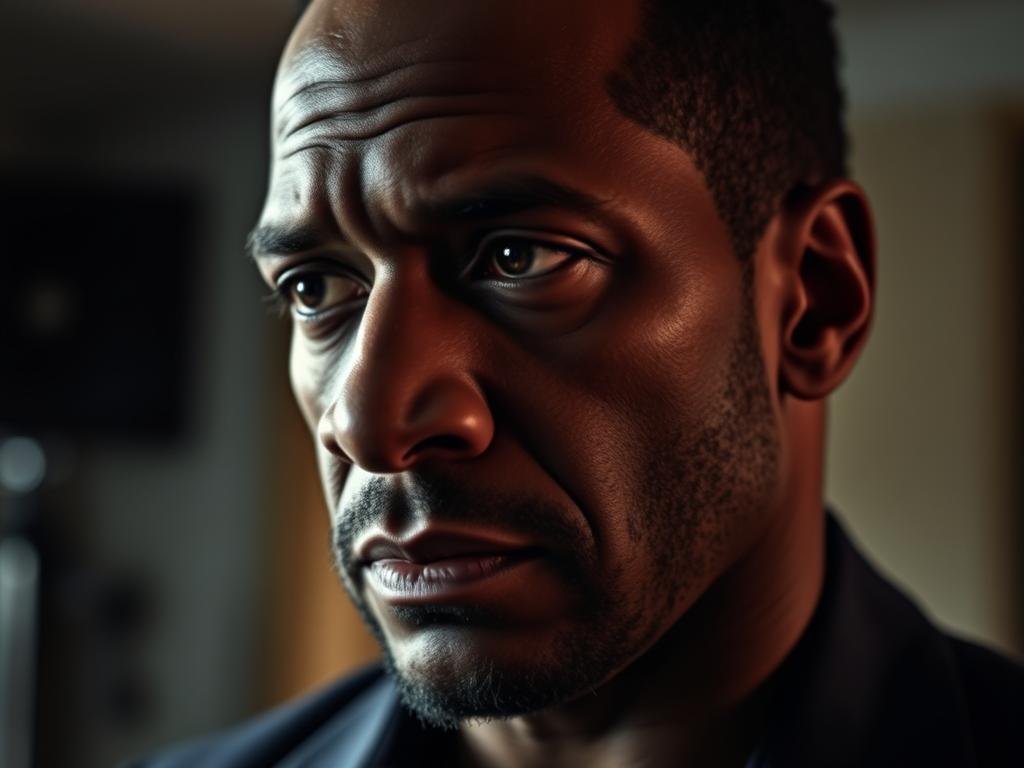 A close-up portrait of Woody McClain, the actor who plays Cane in the TV series Power Book II, set against a blurred background of the Power production set. The lighting is dramatic, with shadows and highlights that accentuate McClain's intense, pensive expression as he contemplates the psychological complexities of inhabiting the character. The image conveys a sense of the actor's immersion in the role, the depth of his performance, and the personal investment he brings to interpreting the nuances of Cane's motivations and inner turmoil. The overall mood is reflective and introspective, capturing the "from set to self" essence of the section title.