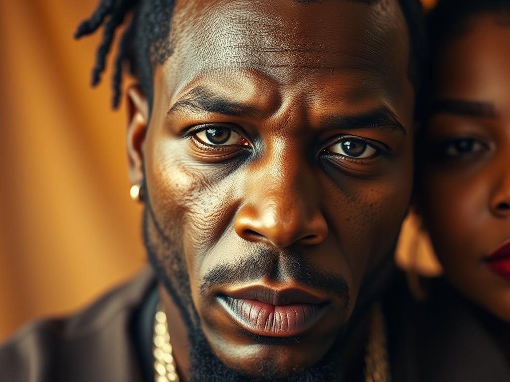 A close-up portrait of a Jamaican man with a serious expression, set against a warm, diffuse background. The man is Vybz Kartel, the famous dancehall artist, surrounded by his loving family - a beautiful fiancée, and a close-knit support system. The lighting is soft and flattering, highlighting the man's features and the tender bond between him and his loved ones. The scene conveys a sense of resilience, strength, and the importance of family in the face of personal challenges, like Vybz Kartel's ongoing battle with Graves' disease.