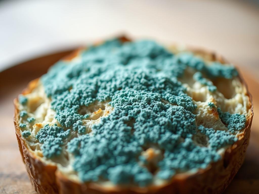 A close-up view of a mold-covered piece of bread, casting a soft, natural light. The mold appears to be a vibrant, bluish-green hue, spreading across the surface of the bread. The texture of the mold is detailed, with individual filaments and sporulation visible. The background is slightly blurred, creating a sense of depth and focus on the central subject. The image conveys a sense of curiosity and caution, inviting the viewer to ponder the line between acceptable and concerning levels of mold consumption.